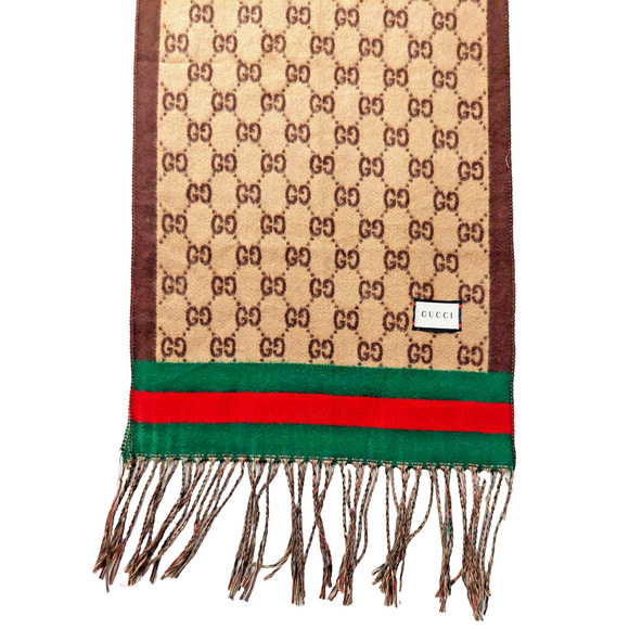Gucci Brown & Tan GG Print w/ Green & Red Stripes Reversible Scarf Pre-owned - Picture 15 of 16